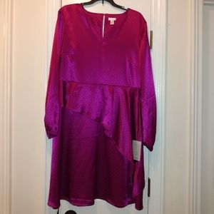 Spense  Fuchsia satin Ruffle elastic cuff side Zip Small V neck 12 NWT